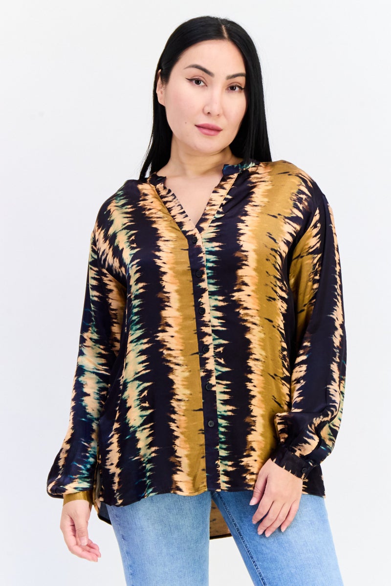 Another Sunday Women V Neck Long Sleeve Allover Print Blouse, Multicolor - Image 1