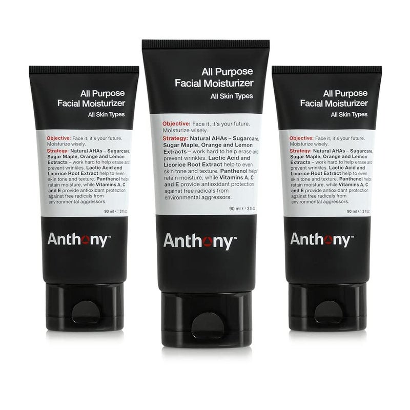 Anthony AllPurpose Facial Moisturizer for Men Hydrating Lotion for Dry Skin Lightweight NonComedogenic AntiAging Formula 3 Fl Oz Pack of 3