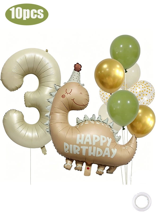 Happy D 3rd Birthday Matte Khaki Dinosaur Theme Party Decoration Foil Balloons 10-Pack - Image 1