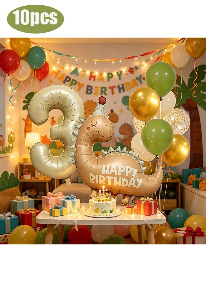 Happy D 3rd Birthday Matte Khaki Dinosaur Theme Party Decoration Foil Balloons 10-Pack - Image 2