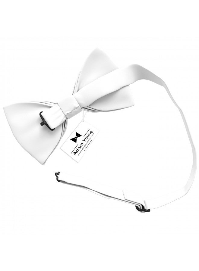Adam Young Men's White Bow Tie Pre-Tied Style Formal Satin Classic Bowtie for Tuxedo Faux Silk (Large, White) - Image 2
