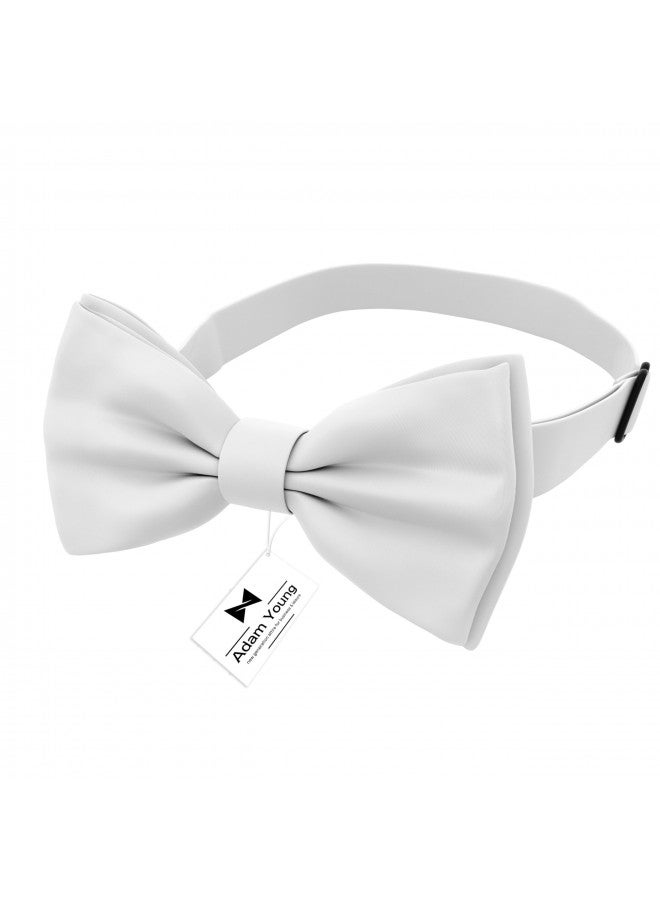 Adam Young Men's White Bow Tie Pre-Tied Style Formal Satin Classic Bowtie for Tuxedo Faux Silk (Large, White) - Image 1