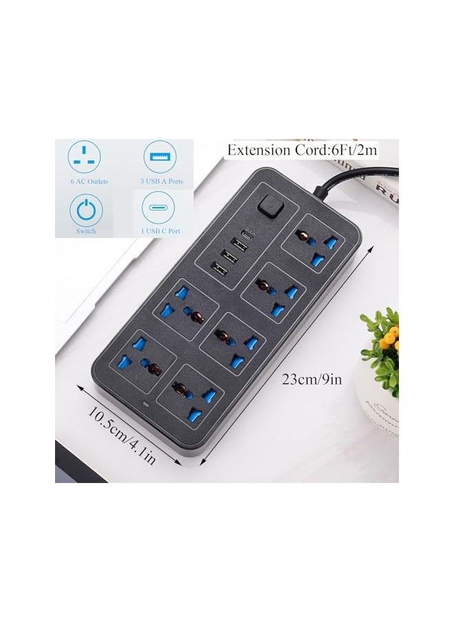 PROMASS promass 6Ft/2m Power Strips Surge Protector, Extension Cord with 6 Outlets 3 USB Ports (1 USB C),Flat Plug for Home, Office, Dorm Essentials 2400W/10A(Black)  - Image 2