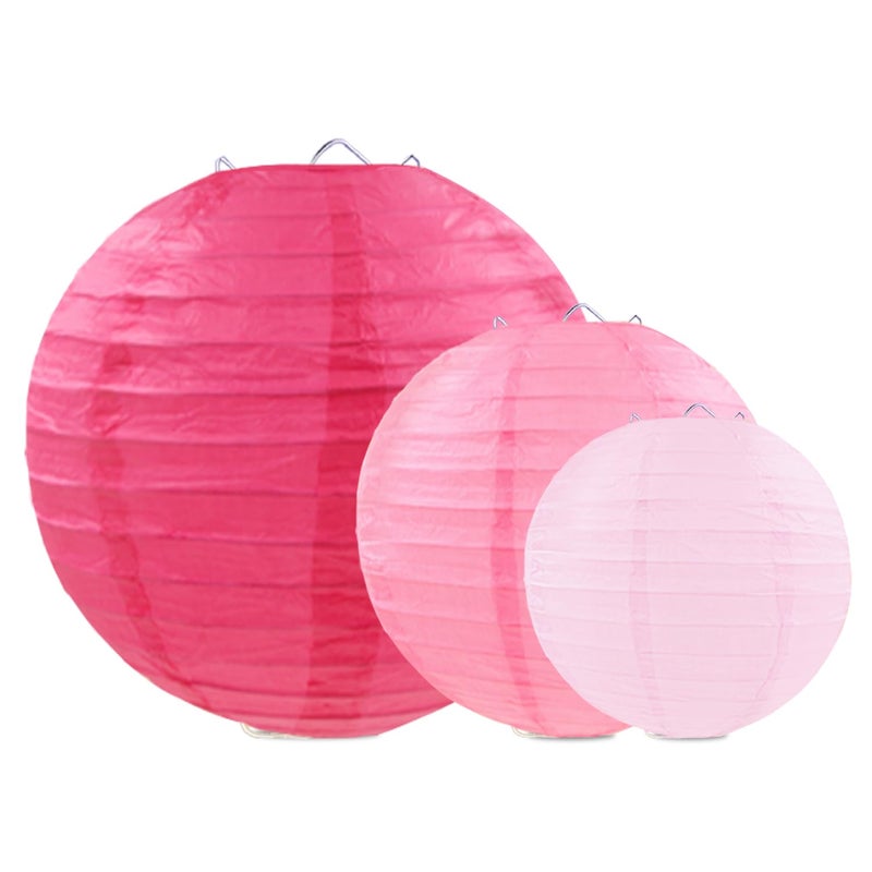 FUGUIR Pink Paper Lanterns Decorative, Pink Hanging Round Paper Lanterns for Wedding Bridal Baby Shower Valentines Day Gender Reveal (9 PCS) - Image 3