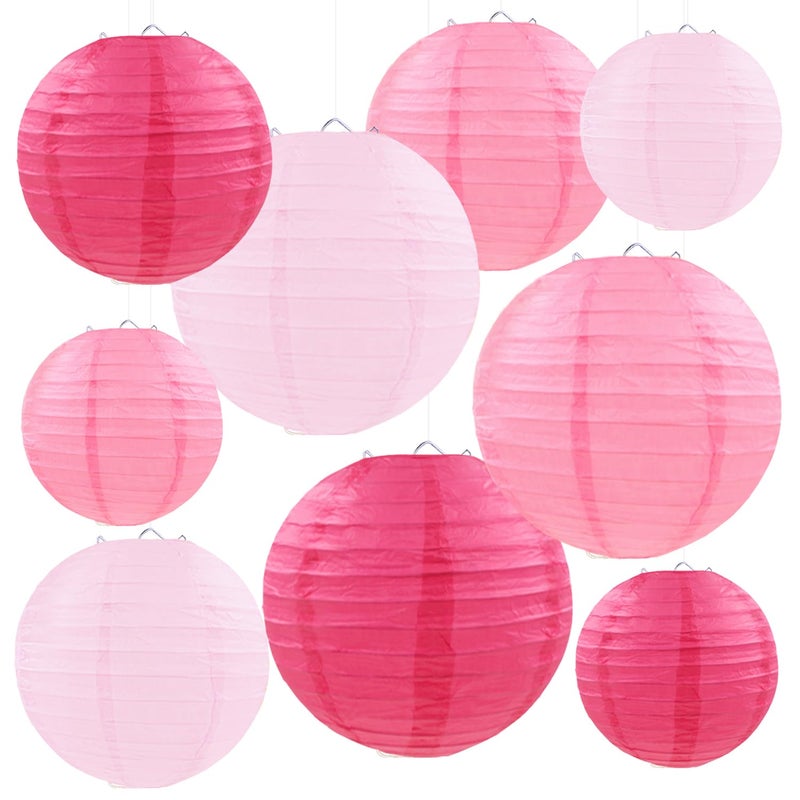 FUGUIR Pink Paper Lanterns Decorative, Pink Hanging Round Paper Lanterns for Wedding Bridal Baby Shower Valentines Day Gender Reveal (9 PCS) - Image 1
