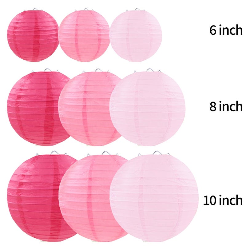 FUGUIR Pink Paper Lanterns Decorative, Pink Hanging Round Paper Lanterns for Wedding Bridal Baby Shower Valentines Day Gender Reveal (9 PCS) - Image 2