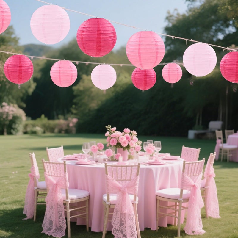 FUGUIR Pink Paper Lanterns Decorative, Pink Hanging Round Paper Lanterns for Wedding Bridal Baby Shower Valentines Day Gender Reveal (9 PCS) - Image 5