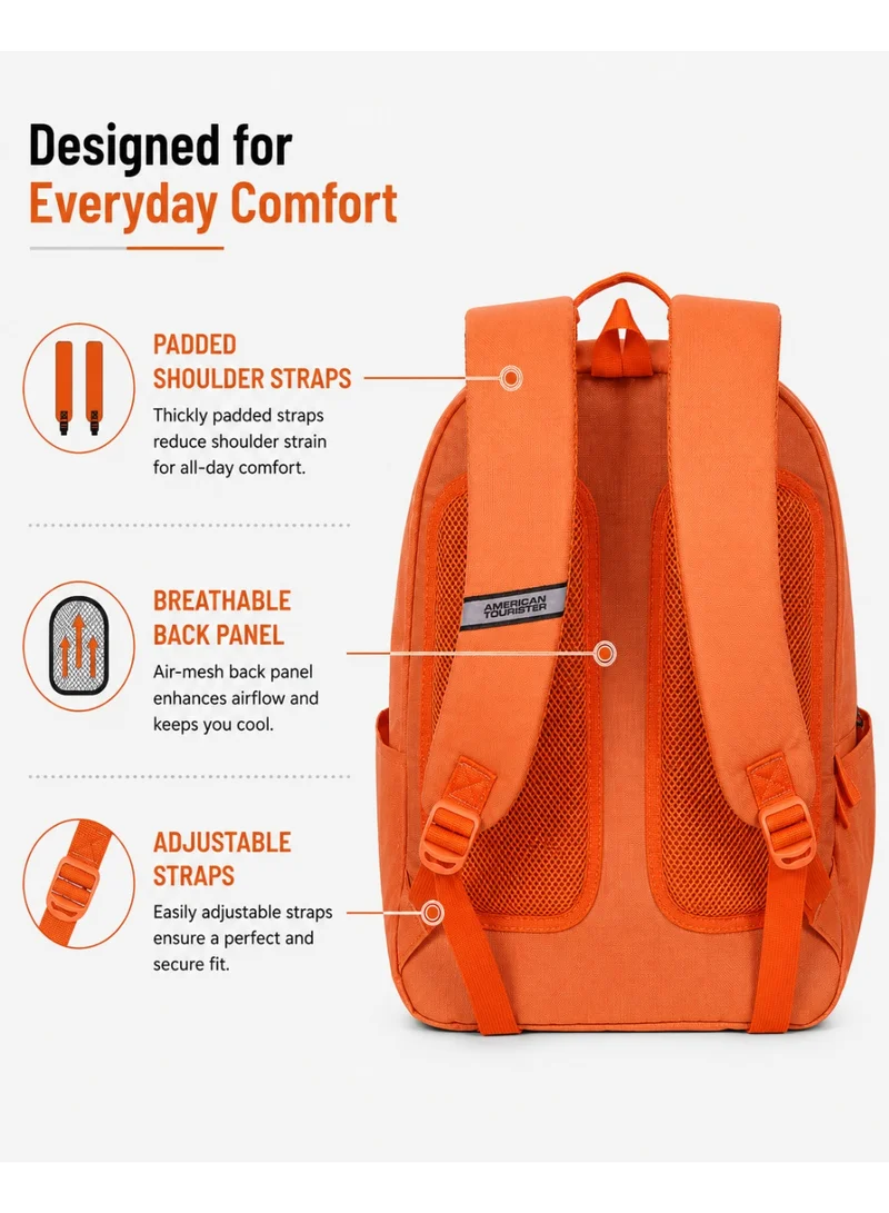 American Tourister Orange Riley Laptop Backpack, 28L Capacity, 100% Polyester, Orange|Fits 15.6" Laptop|Double Zipper Pocket Opening|Front Storage Compartments|Antimicrobial Treated Lining|Bottle Holder - 1 Year International Warranty for Women | Best Price UAE
