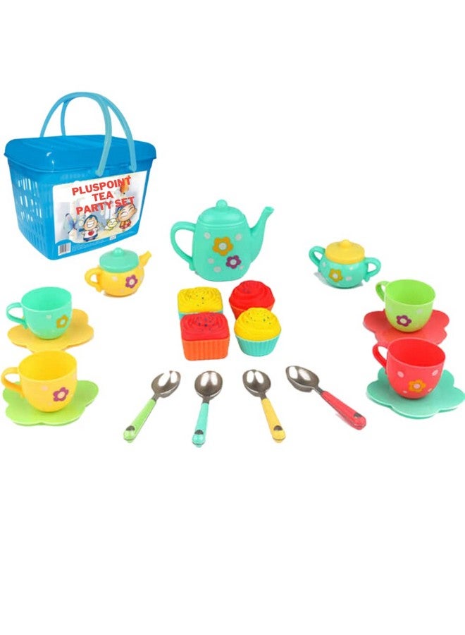PLUSPOINT 20pc Tea Set with Basket Tea Party Pretend playset for Kids, teapot Play Set Pretend Play Set Girls Kitchen Toy teapot Gift for Toddler Kids Boys Girls 3 Years Old (Tea Set with Basket) - Image 1