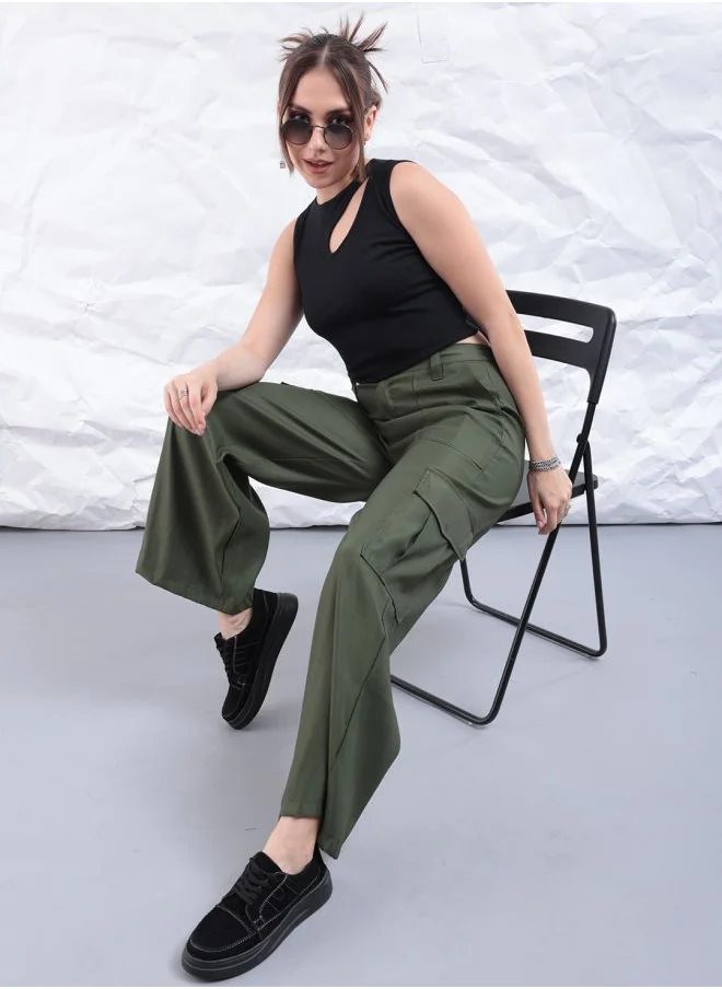 Freehand Women Flared Solid Mid-Rise Elasticated Cargo Trousers