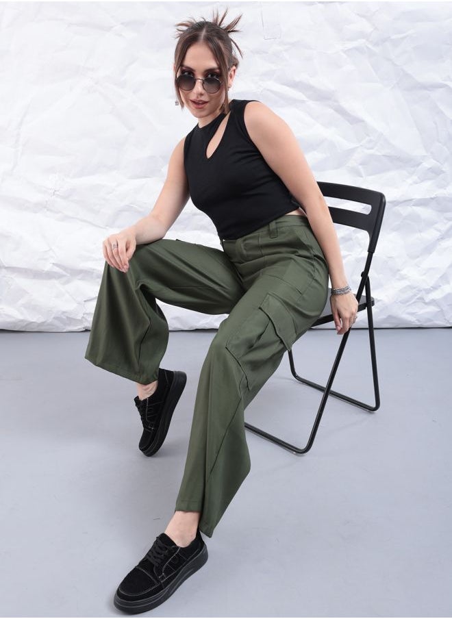 Freehand Women Flared Solid Mid-Rise Elasticated Cargo Trousers  - Image 1