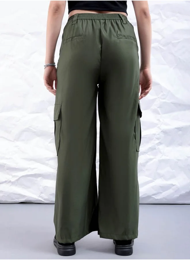 Freehand Women Flared Solid Mid-Rise Elasticated Cargo Trousers