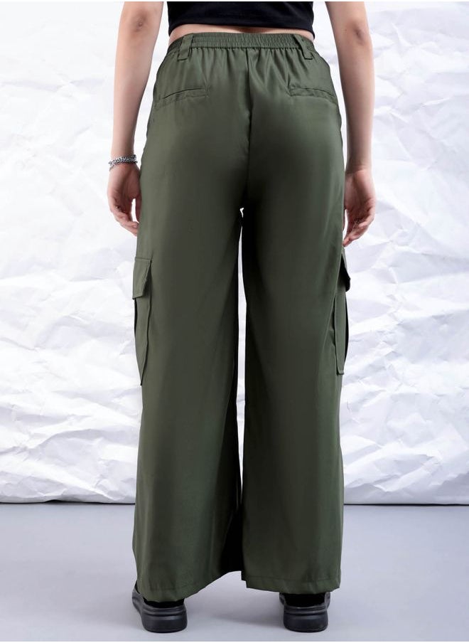 Freehand Women Flared Solid Mid-Rise Elasticated Cargo Trousers  - Image 2