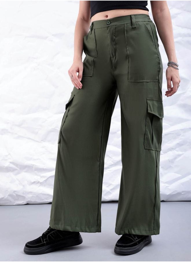 Freehand Women Flared Solid Mid-Rise Elasticated Cargo Trousers  - Image 3