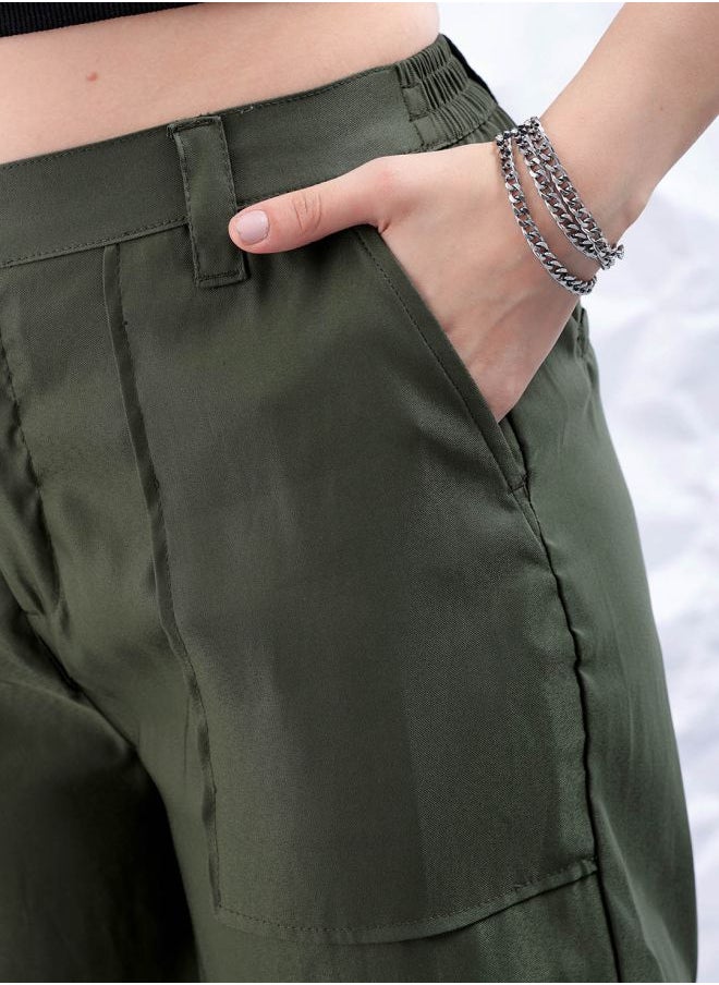 Freehand Women Flared Solid Mid-Rise Elasticated Cargo Trousers  - Image 5
