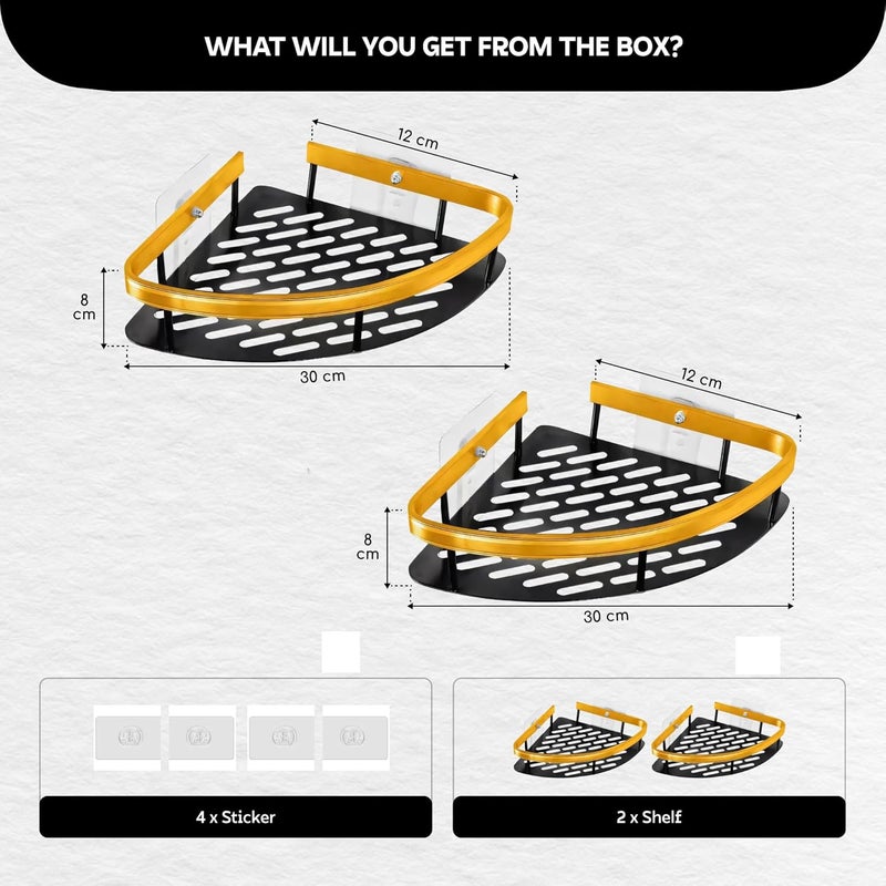 MIORAH Bathroom Corner Shelves Bathroom Organiser Without Drill Self Adhesive Bathroom Shelf for Wall Gold Packof 2 - Image 2
