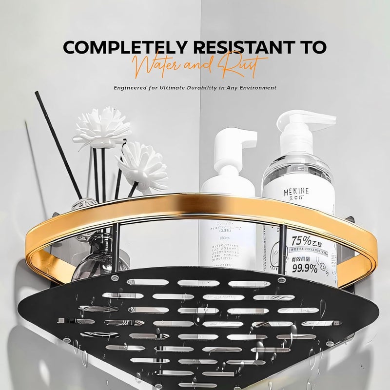 MIORAH Bathroom Corner Shelves Bathroom Organiser Without Drill Self Adhesive Bathroom Shelf for Wall Gold Packof 2 - Image 5