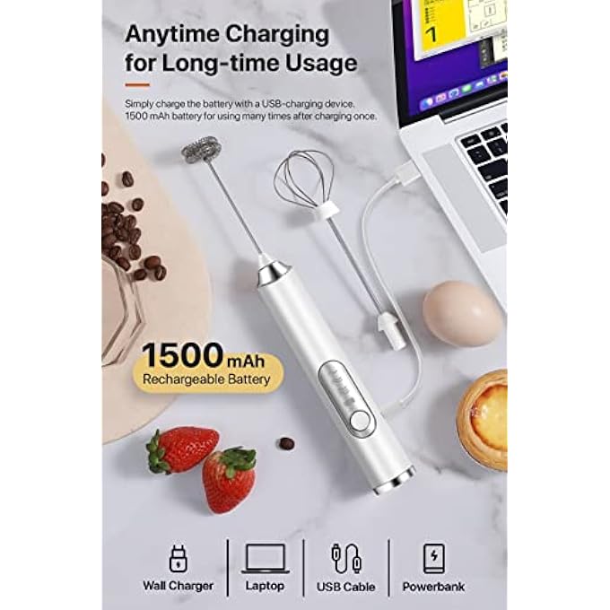 Unity Milk Frother Handheld Stainless Steel Electric Coffee Whisk And Egg Beater Rechargeable Battery Powered Automatic Milk Foamer Drink Mixer For Latte Cappuccino Hot Chocolate Matcha  White - Image 3