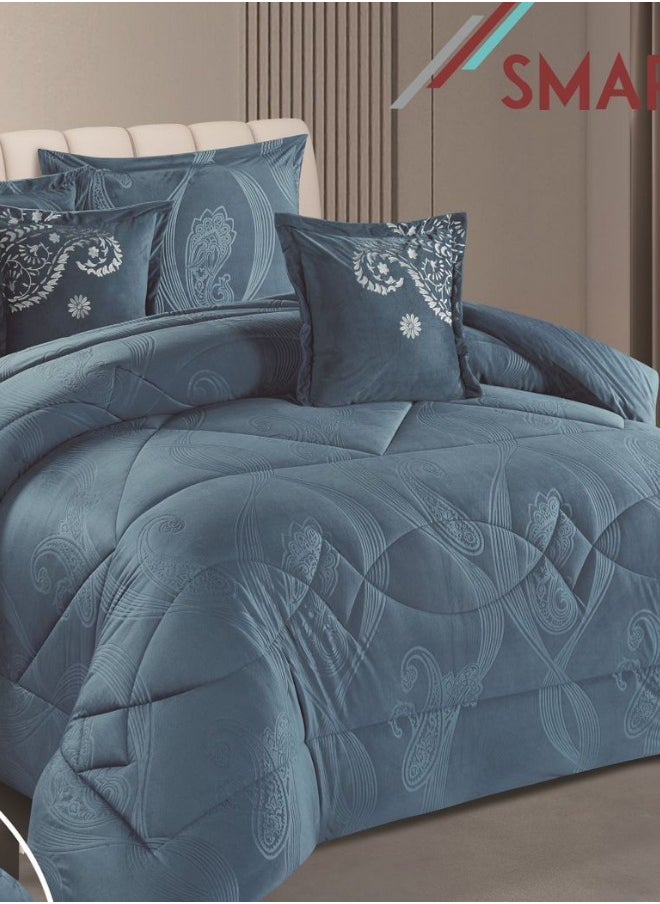 سمارت هوم مفرش فندقي مزدوج من المخمل، يناسب سرير بحجم 120X200 سم ، مفرش سرير نفرين نظام وجهين 4 قطع مع حشوة ، لحاف بنقشات فخمة لون أزرق  - Image 2