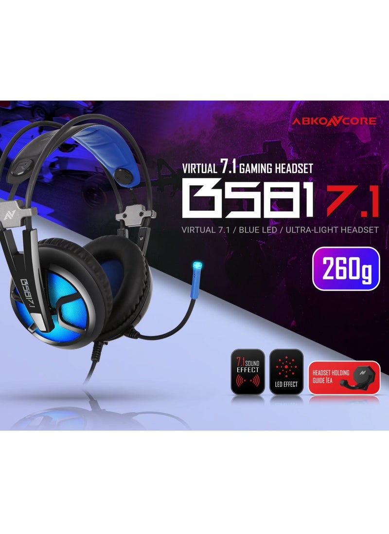 ABKONCORE B581 USB Gaming Headset Lightweight - 7.1 Virtual Surround Sound - Noise-Cancelling Mic. - On-Ear Volume & Mute Controls - Blue LED Light - 50mm Speaker Unit - Comfort  Ear Pads - for PC  | Black  (Headset Hook Free )  - Image 2