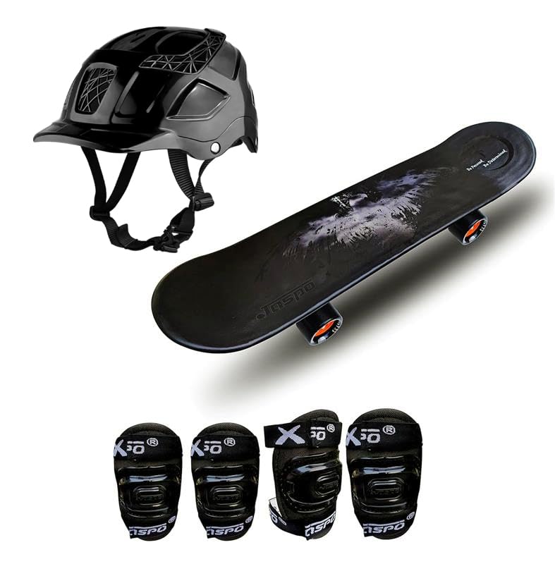 jaspo Vinyl Power Kids 26"X6" Inches Fiber Skateboard and Helmet, Knee&Elbow Guard for Beginners Boys&Girls (6 Years&Above) (Black Colour) (Intact) - Image 1