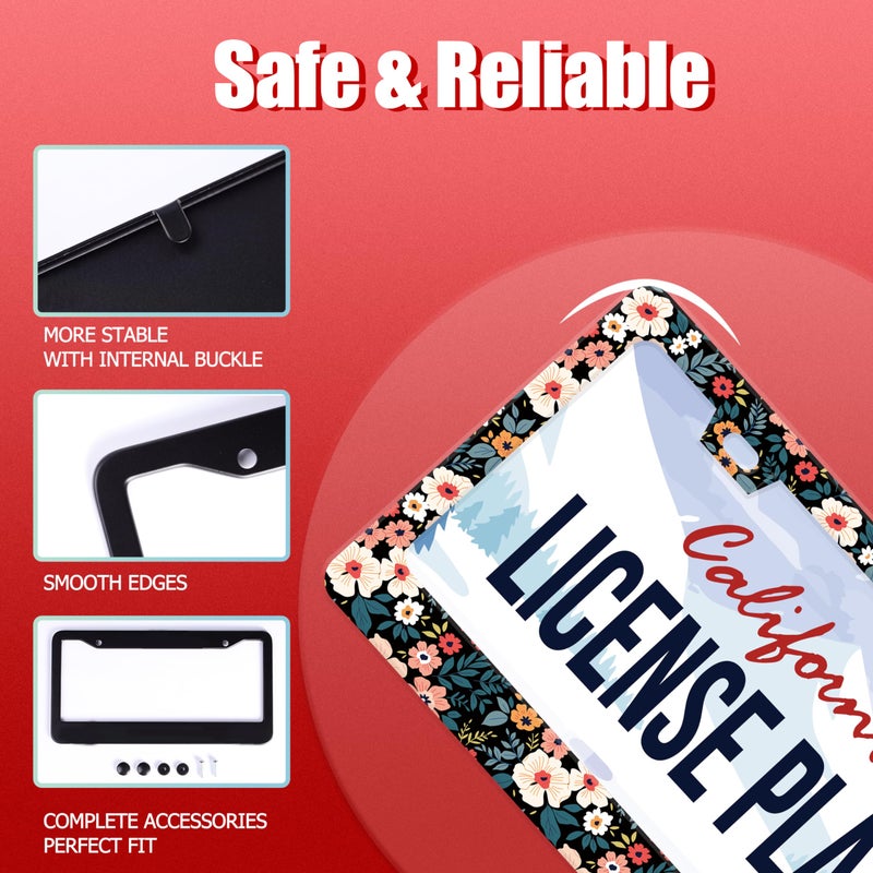 UNINDREM Folk Floral License Plate Frame Colorful Flowers Stainless Steel License Plate Frame Auto Parts Decoration with Screws License Plate Holder for Men Women 12x6 Inch - Image 4