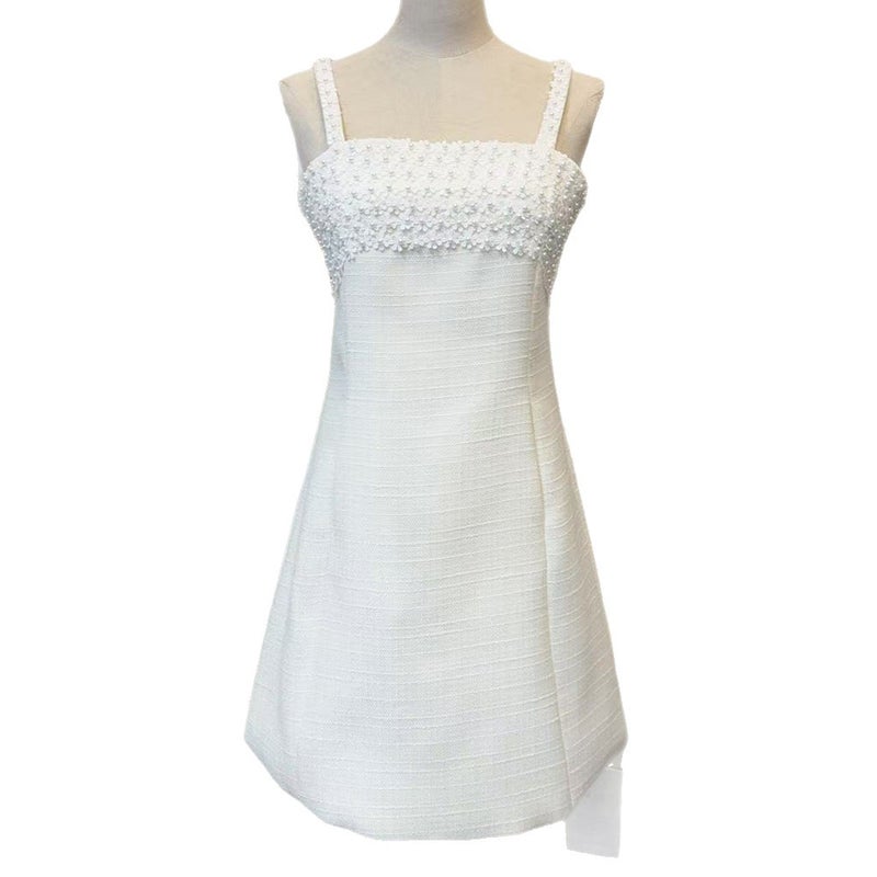 French Pearl Daisy Sleeveless Dress, Off-White, Hepburn Style - Image 4