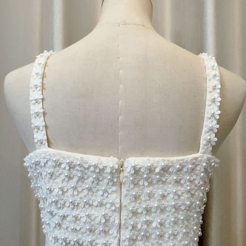 French Pearl Daisy Sleeveless Dress, Off-White, Hepburn Style - Image 2