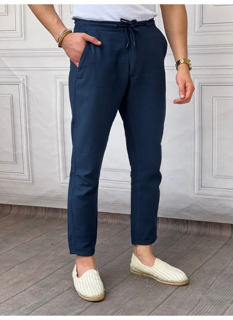 Cool Tarz Cool Style Men's Navy Blue Musli Laced Linen Trousers