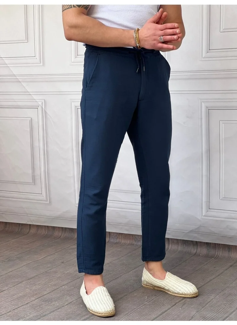 Cool Tarz Cool Style Men's Navy Blue Musli Laced Linen Trousers