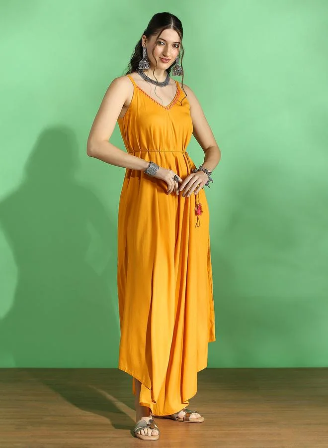 globus Women Mustard Asymmetric Jumpsuit with Waist Tie