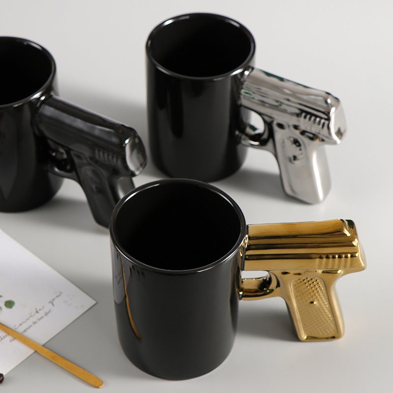 3D Pistol Ceramic Cup: 9.5cm Height 8cm Diameter, Durable High-Quality Ceramic - Unique Gold & Silver Finish, Portable Compact Size for Daily Use, Travel, Business Meetings or Promotional Gifts - Image 5