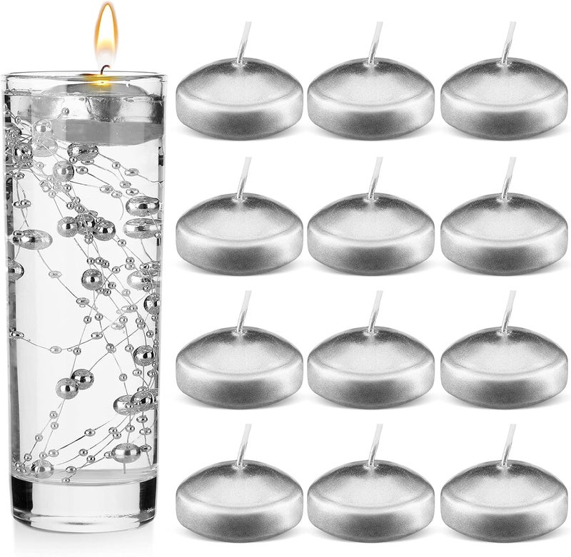 Nuanchu 12 Pack 1.65 Inch Floating Candles or Centerpiece Unscented Wax Burning Water Floating Candle Set for Cylinder Vase Wedding Party Gifts Pool Home Decor(Silver) - Image 1