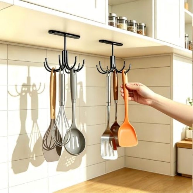 EigPluy 2pcs Under Cabinet Kitchen Utensil Hooks,360° Rotating Drilling Free Adhesive Utensils Hanging Rack for Tools/Towel/Knife (Black) - Image 1