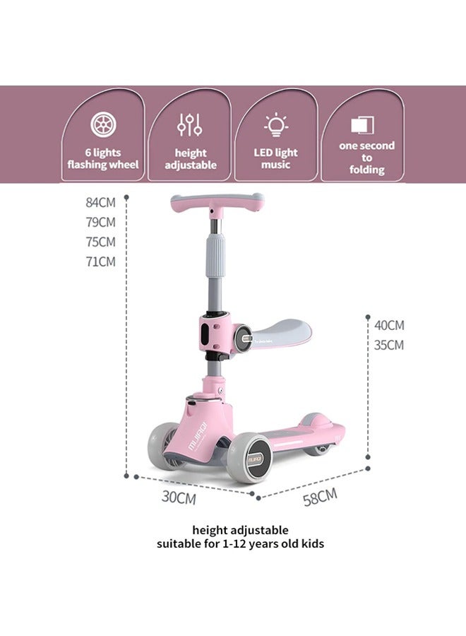 هاي هونور سكوتر ركل 3 في 1، مقود مطور بارتفاع قابل للتعديل ومقعد قابل للإزالة، و3 عجلات مضاءة بالموسيقى LED وسطح مضاد للانزلاق، للأولاد والبنات من سن 3 إلى 12 عامًا (وردي) - Image 2