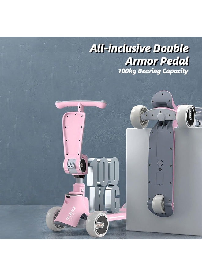 هاي هونور سكوتر ركل 3 في 1، مقود مطور بارتفاع قابل للتعديل ومقعد قابل للإزالة، و3 عجلات مضاءة بالموسيقى LED وسطح مضاد للانزلاق، للأولاد والبنات من سن 3 إلى 12 عامًا (وردي) - Image 3