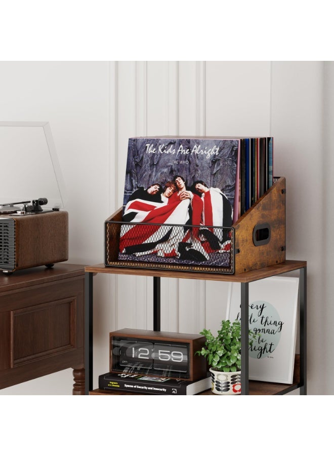 Solerconm Vinyl Record Storage Crate, LP Record Holder for 60+ Albums, Wooden Record Organizer with Metal Mesh Front, Rustic Vinyl Storage Box with Handles for Home & Record Collection - Image 5