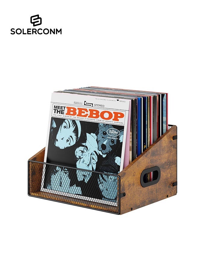 Solerconm Vinyl Record Storage Crate, LP Record Holder for 60+ Albums, Wooden Record Organizer with Metal Mesh Front, Rustic Vinyl Storage Box with Handles for Home & Record Collection - Image 1