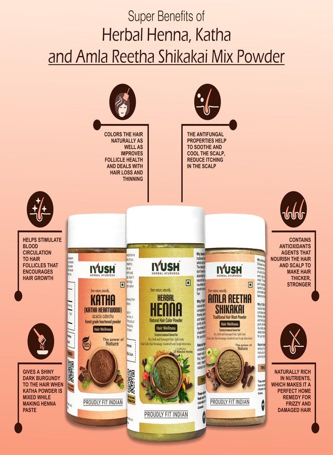 IYUSH Herbal Ayurveda Amla Shikakai Reetha Powder for Hair with Katha Powder and Herbal Henna Powder for Hair Colour - 750gm | Herbal Hair Wash Powder | Hair Volume Powder | Hair Powder | 250gm each - Image 3
