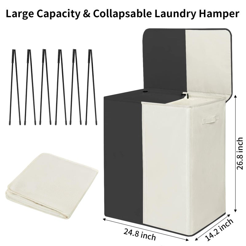 WOWLIVE Double Laundry Baseket with Lid and Removable Laundry Bags,154L Large Laundry Hamper 2 Section Collapsible Dirty Clothes Hamper for Laundry Room,College Dorm,Bathroom,Black and Beige - Image 3