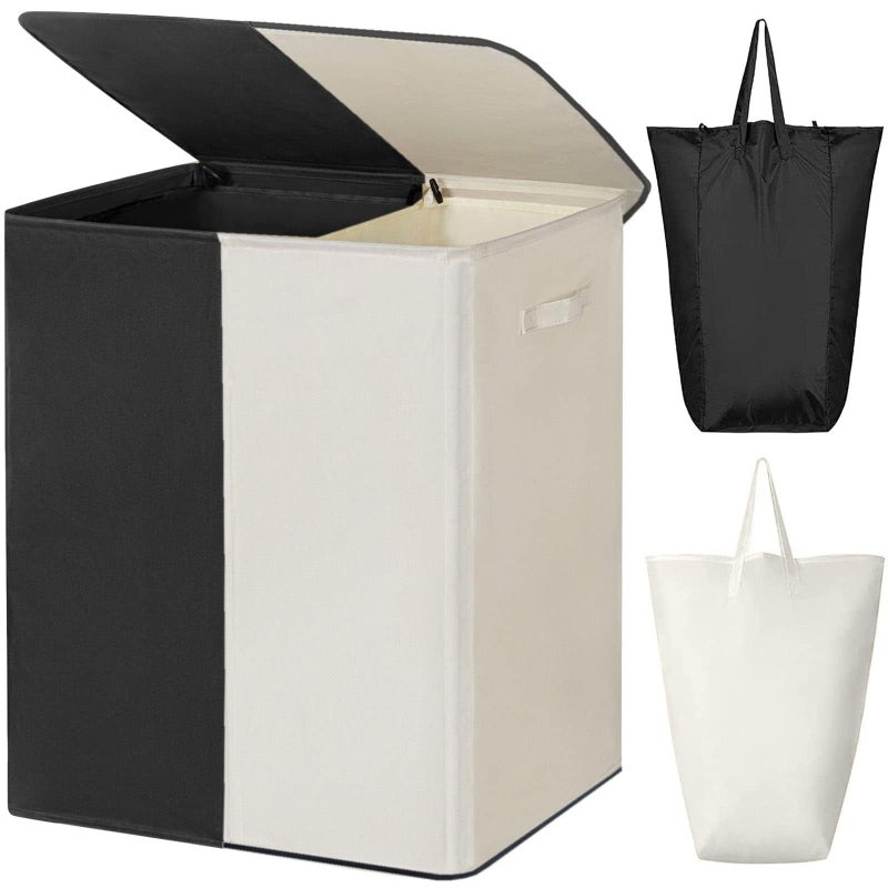 WOWLIVE Double Laundry Baseket with Lid and Removable Laundry Bags,154L Large Laundry Hamper 2 Section Collapsible Dirty Clothes Hamper for Laundry Room,College Dorm,Bathroom,Black and Beige - Image 1