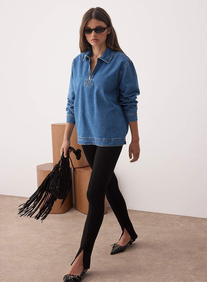 trendyol Blue Zipper Detailed Denim Shirt - Image 2