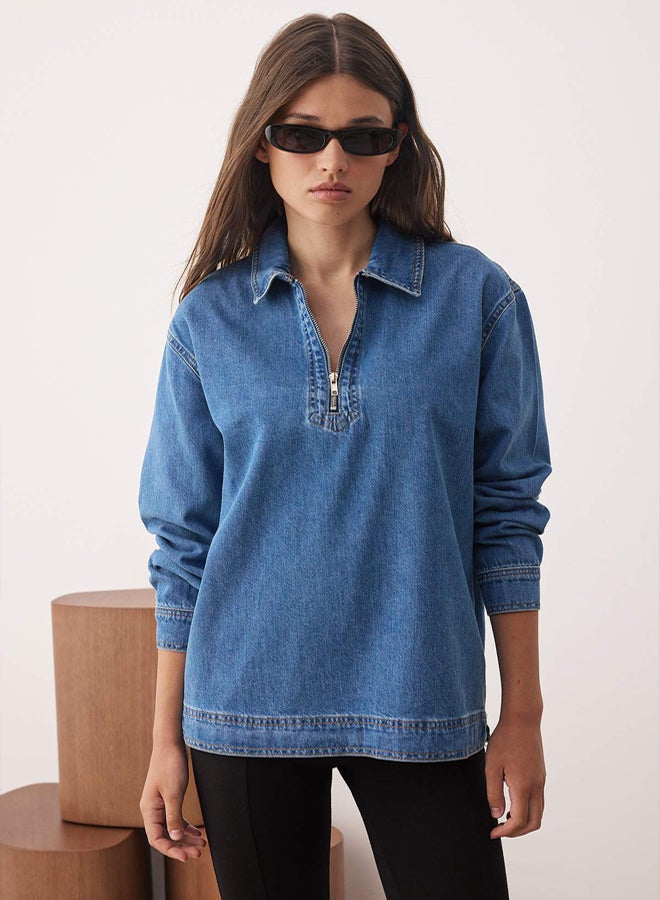 trendyol Blue Zipper Detailed Denim Shirt - Image 1