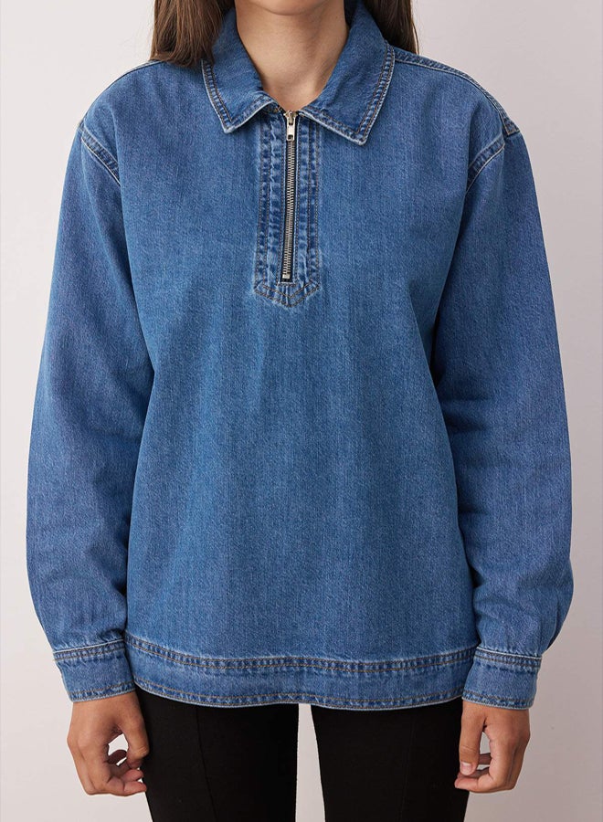 trendyol Blue Zipper Detailed Denim Shirt - Image 3