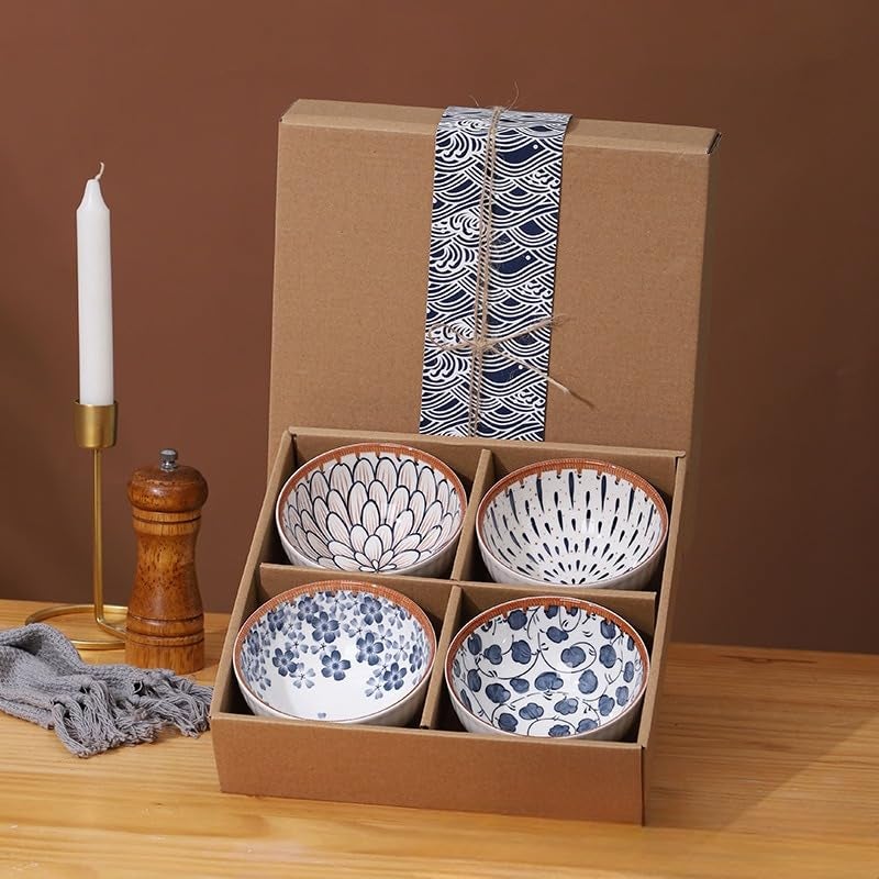 PLENARO Japanese Style Ceramic Rice Bowls Gift Set for SoupSnackIce CreamSoupSnackFruitDinnerColorful Kitchen Serving Bowls Sets Microwave Dishwasher Safe Pack of 44BOWL - Image 1