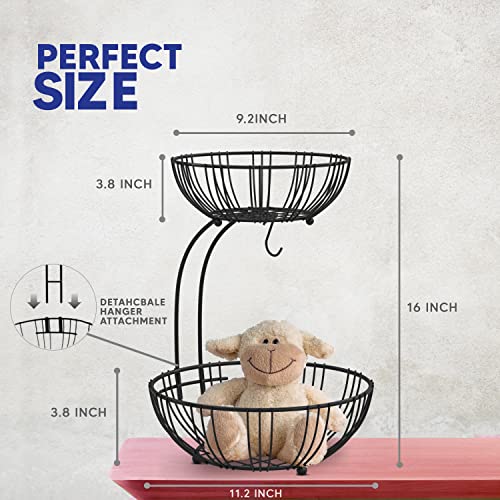 RICCLE Fruit Basket For Kitchen Counter - Fruit Basket With Banana Hanger - Double Layer Metal Wire Fruit Bowl For Countertop - Fruit Holder For Produce, Vegetables - Image 2
