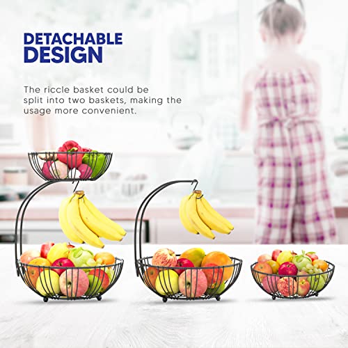 RICCLE Fruit Basket For Kitchen Counter - Fruit Basket With Banana Hanger - Double Layer Metal Wire Fruit Bowl For Countertop - Fruit Holder For Produce, Vegetables - Image 3