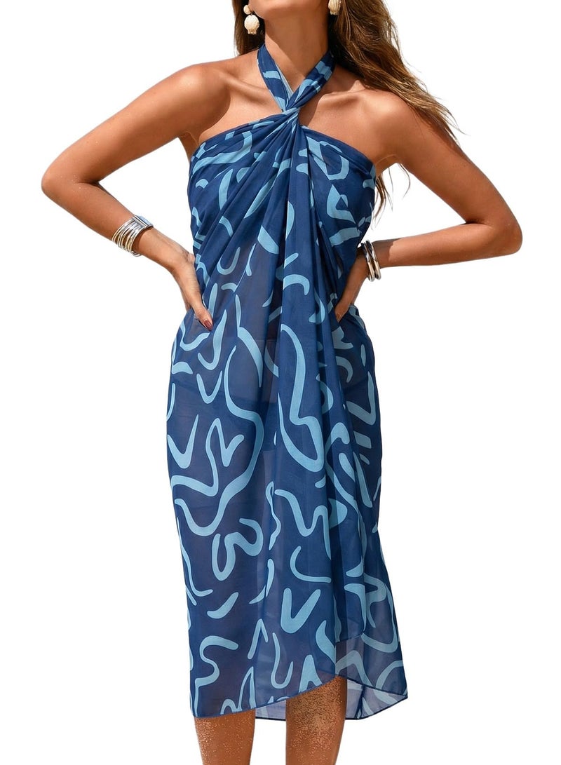Herseas Women's Sheer Sarong One Size Swim Suit Coverups High Slit 2026 Summer Navy Blue Wave Print Chiffon Wraps Knot Side Beach Swim Suit Cover Up Fashionable Casual Vacation Outfits - Image 5