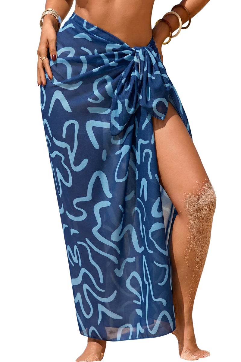 Herseas Women's Sheer Sarong One Size Swim Suit Coverups High Slit 2026 Summer Navy Blue Wave Print Chiffon Wraps Knot Side Beach Swim Suit Cover Up Fashionable Casual Vacation Outfits - Image 1