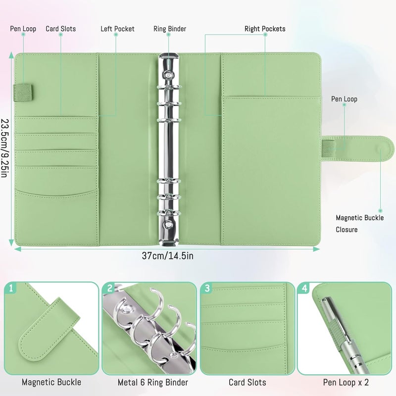 Antner A5 Binder 6 Ring Refillable Notebook Planner Cover for Cash Organizer, PU Leather Loose Leaf Photocard Holder Aesthetic Small Binder for A5 Planner Inserts with Magnetic Buckle, Matcha Green - Image 3